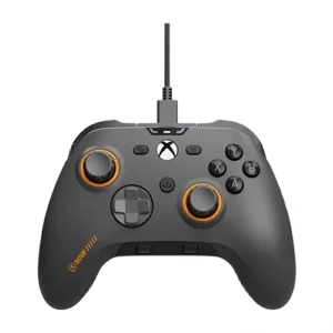 Gray Xbox controller with orange-ring analog sticks, wired to a top cable, front view (SCUF branding).