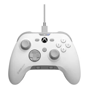White wired Xbox gamepad with cable plugged into the top; features two analog sticks, D-pad, A/B/X/Y buttons, and a central Xbox button.