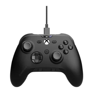 Front view of a black Xbox wired game controller, showing two thumbsticks, D‑pad, and action buttons