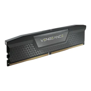 Black Corsair Vengeance DDR4 desktop RAM module with gold contact pins and geometric texture on the heatsink surface, labeled VENGEANCE