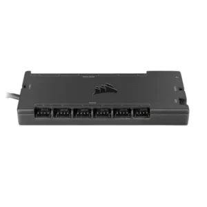 Six-port Corsair fan hub with a cable attached on the left, viewed from the front.