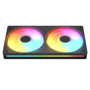 Dual RGB fans mounted on a computer liquid cooling radiator with a multicolor LED strip along the side.