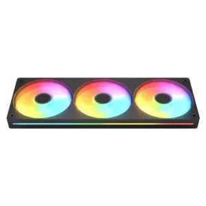 Triple 120mm RGB computer case fans in a black rectangular frame with rainbow lighting visible on all three fans and a subtle RGB strip below them.