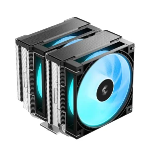 Dual-tower CPU cooler with two blue-lit fans and aluminum fin heatsinks