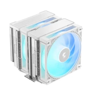 Dual-tower CPU air cooler with two fin stacks and a large blue-lit 120mm fan.
