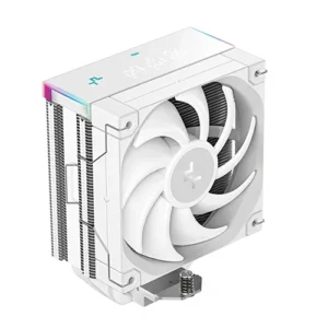 White all-in-one CPU liquid cooler featuring a radiator and a large white 140mm fan.