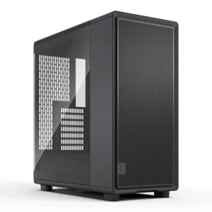 Black mid-tower PC case with a perforated mesh front panel and a transparent side panel, shown on a white background.