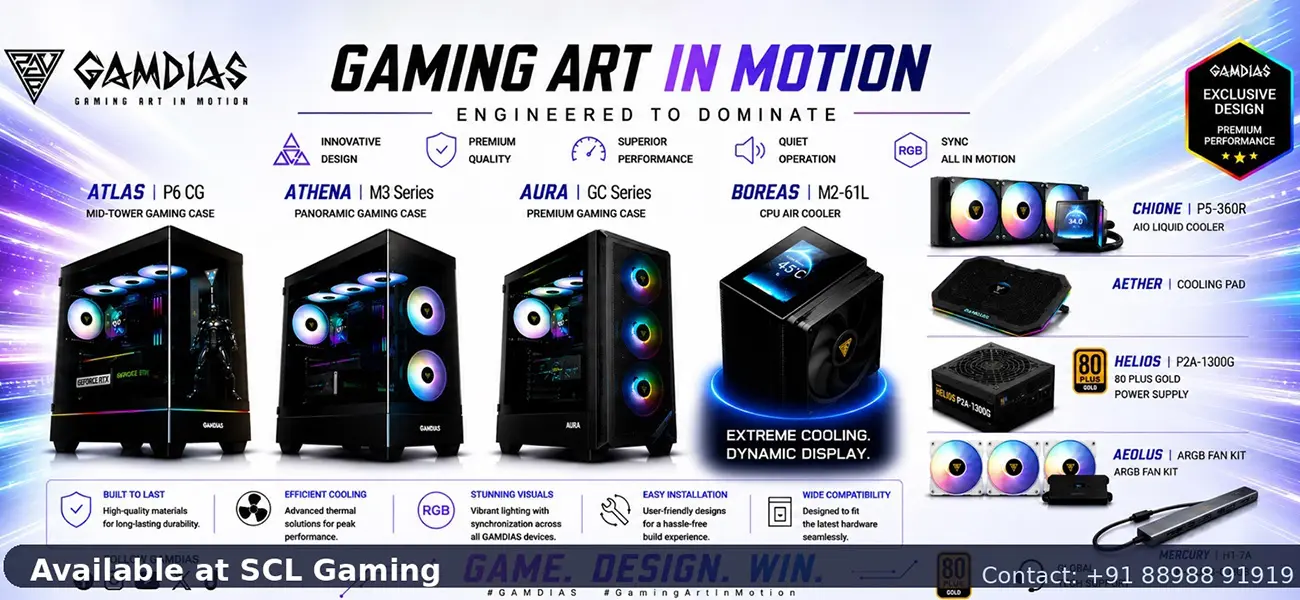 Banner showcasing GAMDIAS Gaming Art in Motion with multiple PC cases, coolers, and peripherals on a blue/purple gradient background.