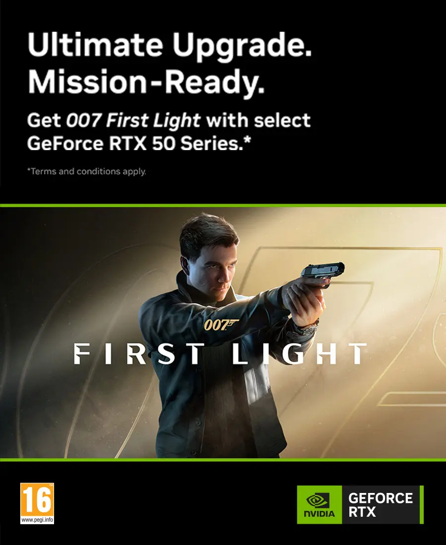 Promotional ad for GeForce RTX 50 Series with a man aiming a pistol, featuring 'First Light' and 007 branding.