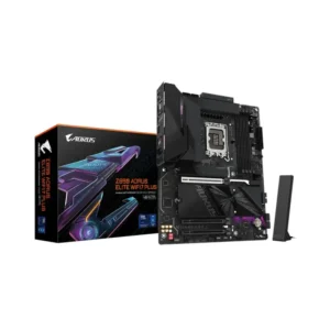 Gaming motherboard with black PCB shown next to its box labeled 'Z89? AORUS Elite WiFi 7 Plus', plus a detachable wifi antenna.