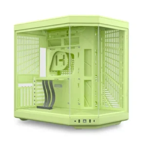 Lime green computer case with clear panels, showing interior mounting bays and PCIe slots.