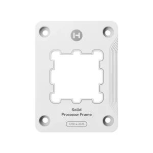 White solid processor frame for AMD AM4 socket, with four mounting holes at corners and a central square opening.