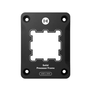 Black processor mounting frame labeled 'Solid Processor Frame' for AMD AM5 sockets, with four screw holes for mounting a CPU cooler