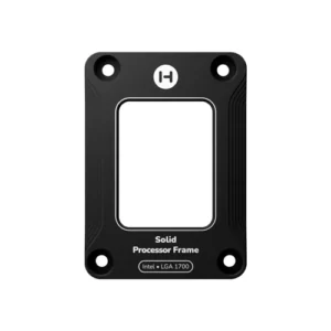 Black solid processor frame for Intel LGA 1700 socket with four mounting holes and a central square opening.