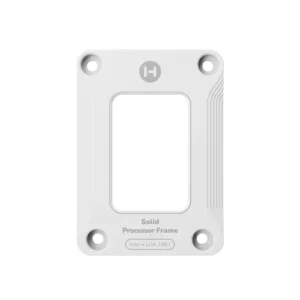 White processor frame with four corner screw holes and a central rectangular opening; labeled 'Solid Processor Frame' with 'Intel LGA 1851' text.