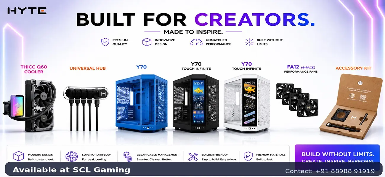 HYTE promotional banner: 'Built for Creators' with product lineup including cooler, universal hub, PC cases, cooling fans, and accessory kit.