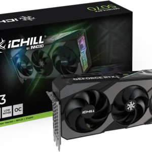 Triple-fan IChill GeForce RTX graphics card beside its black-and-green box, branded with X3 and 5070.