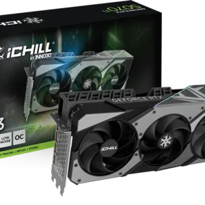 Triple-fan ICHILL graphics card with GeForce RTX branding and green accent box behind, labeled X3 and 5070 Ti on packaging (Inno3D).