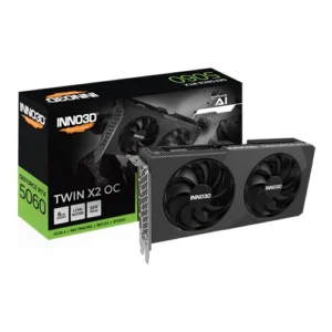 Inno3D Twin X2 OC graphics card with dual fans, shown next to its black packaging.