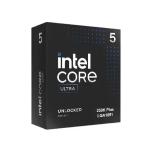 Black Intel Core Ultra processor box with blue dot pattern, featuring 'Intel Core Ultra', 'Unlocked Series 2', and '250K Plus LGA1851'.