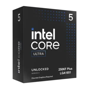 Black Intel Core i5 processor box with blue dotted design, labeled Ultra, 250K Plus LGA1851, Unlocked Series 2.