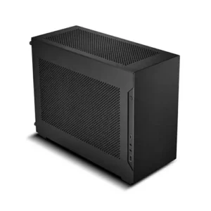Black computer tower with a perforated side panel, angled view showing front USB ports and power button