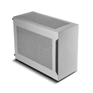 Silver compact computer case with a perforated side panel and front I/O on the right, angled view.