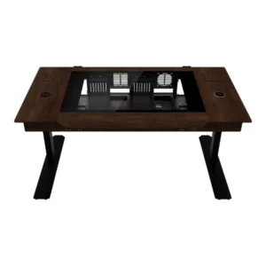 Wooden desk with a glass inset revealing an internal computer chassis and components in the center area.