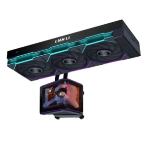 Lian Li tri-fan graphics card with RGB lighting and a mounted display panel beneath it, shown at an angled view.