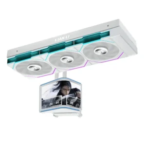 Triple-fan ceiling light fixture with a hanging display showing a game character image in a home setup