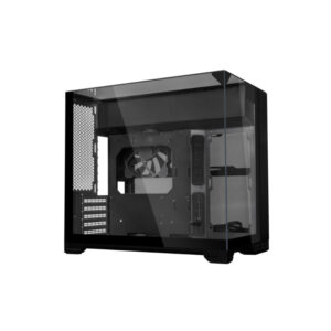 Black computer case with a clear side panel, showing an empty interior and a rear cooling fan visible through the panel