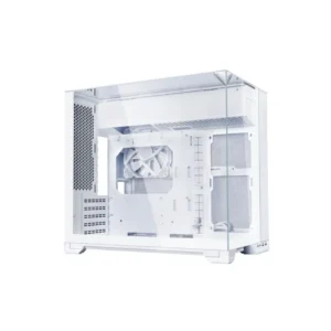 White mid-tower PC case with a transparent side panel revealing the internal fans and drive bays.