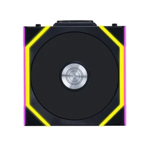Cube-shaped media player with glowing yellow neon edges and a central circular disc used as the drive surface.