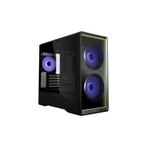 Black mid‑tower PC case with a transparent side panel and two purple RGB fans at the front, glowing subtly in green trim.]”,