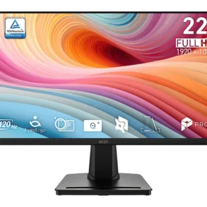 22-inch MSI monitor displaying a colorful wallpaper, labeled Full HD 1920x1080 with 120 Hz support and TÜV Rheinland certification on the screen edge logo