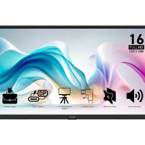 16-inch Full HD monitor showing colorful wallpaper and feature icons (portable design, Type-C display, tripod mount, VESA mount, built-in speakers).