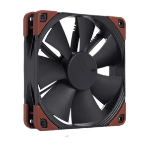 Square 120mm computer cooling fan with black blades and brown corner mounts (rust-colored frame).