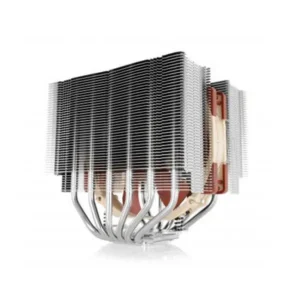 Tower-style CPU air cooler with dense aluminum fins and multiple curved heat pipes extending from a copper base.