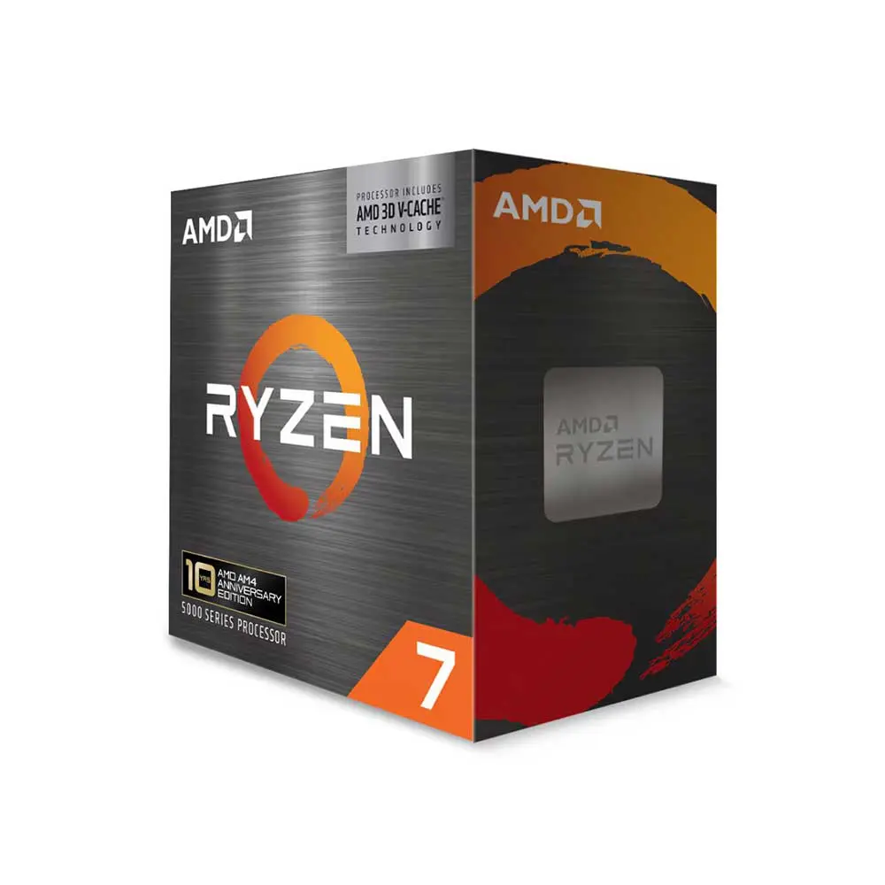 AMD Ryzen 7 processor box packaging with orange circle logo and black/silver design, 5000 series edition.