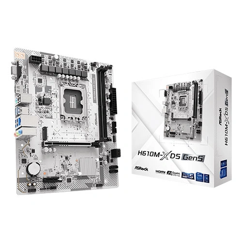 ASRock H610M-XDS Gen5 micro-ATX motherboard with CPU socket and slots, shown beside its retail box.