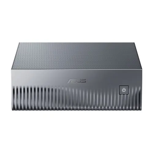 ASUS compact desktop mini PC with front power button and vented lower front panel in a silver finish.