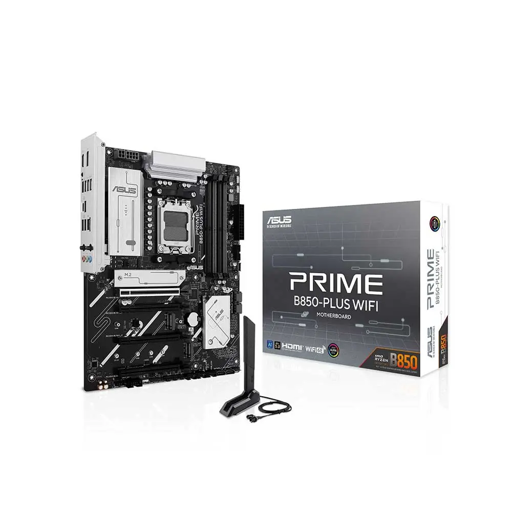 ASUS Prime B850-Plus WiFi motherboard with antenna, shown beside its box and I/O shield.