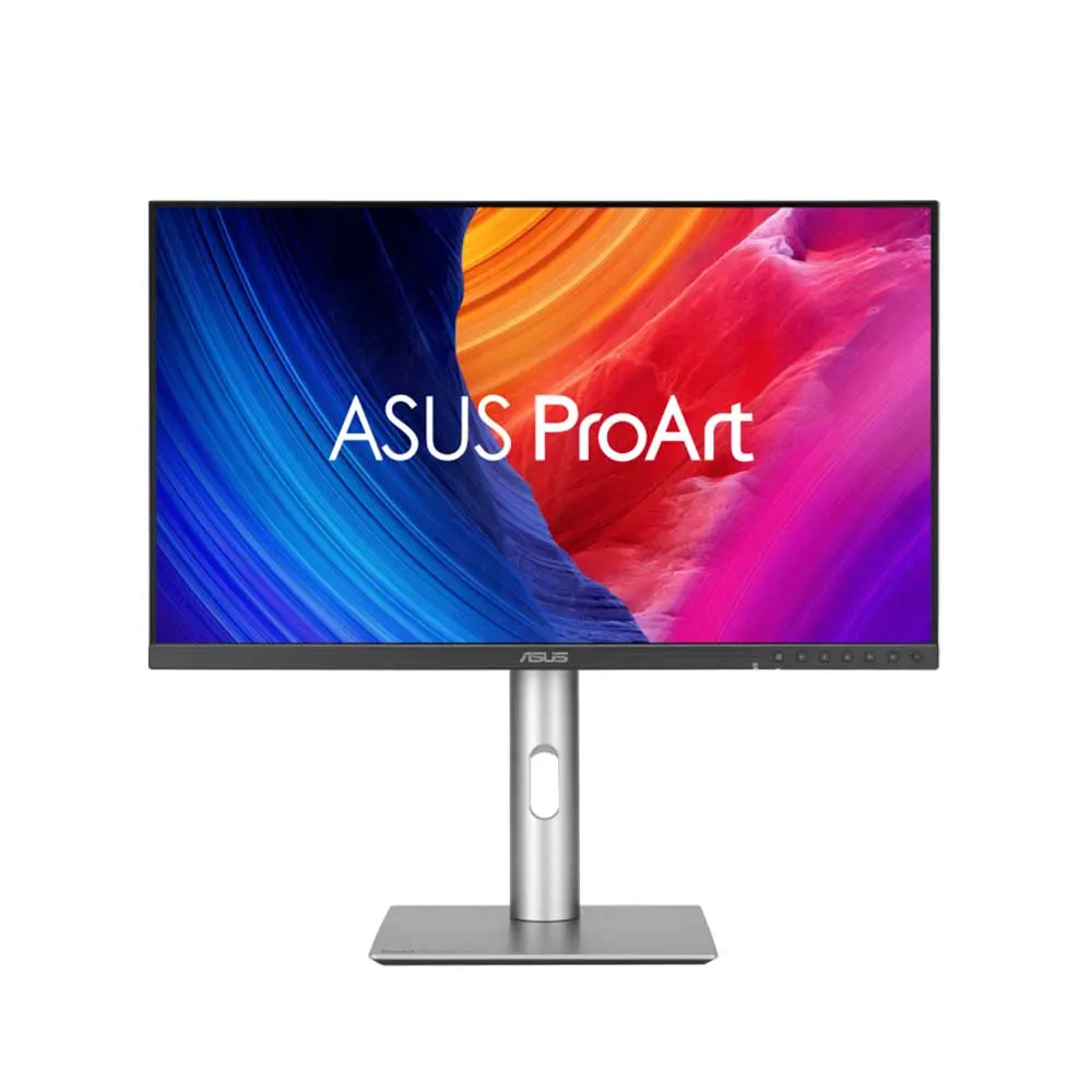 ASUS ProArt monitor on a silver adjustable stand with a colorful wallpaper.