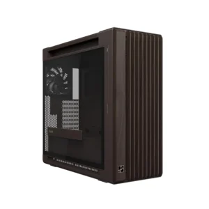 Brown mid-tower PC case with a tempered-glass side panel and front ventilation fins