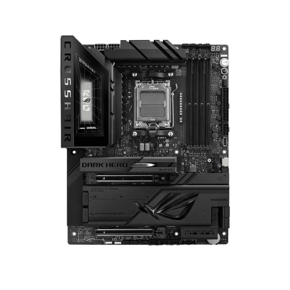 Dark Hero AM5 motherboard with large VRM heatsinks, four DIMM slots, and PCIe slots shown from a side angle.