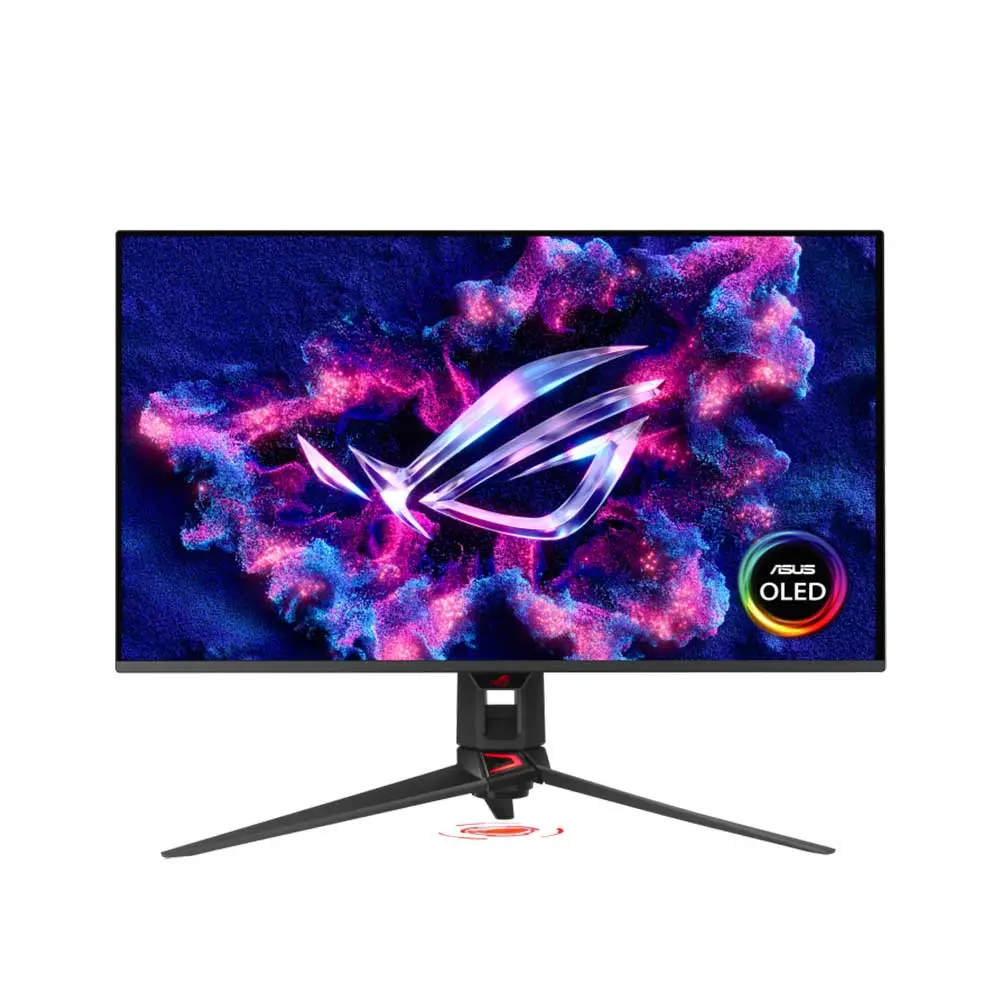 ASUS OLED gaming monitor on a stand with a vibrant purple‑pink/blue screen.