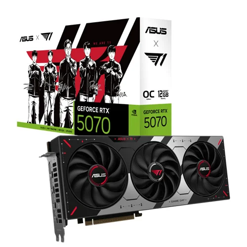 ASUS GeForce RTX 5070 graphics card with three fans shown beside its box art featuring a black-and-white group illustration.