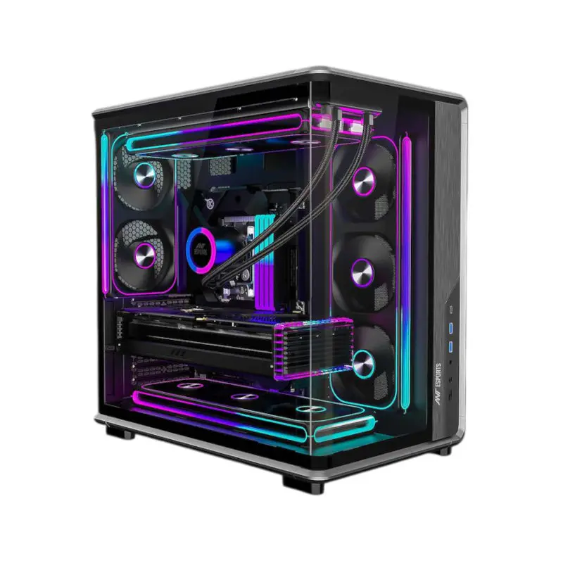 Mid-tower gaming PC with a glass side panel and multicolor RGB lighting visible inside