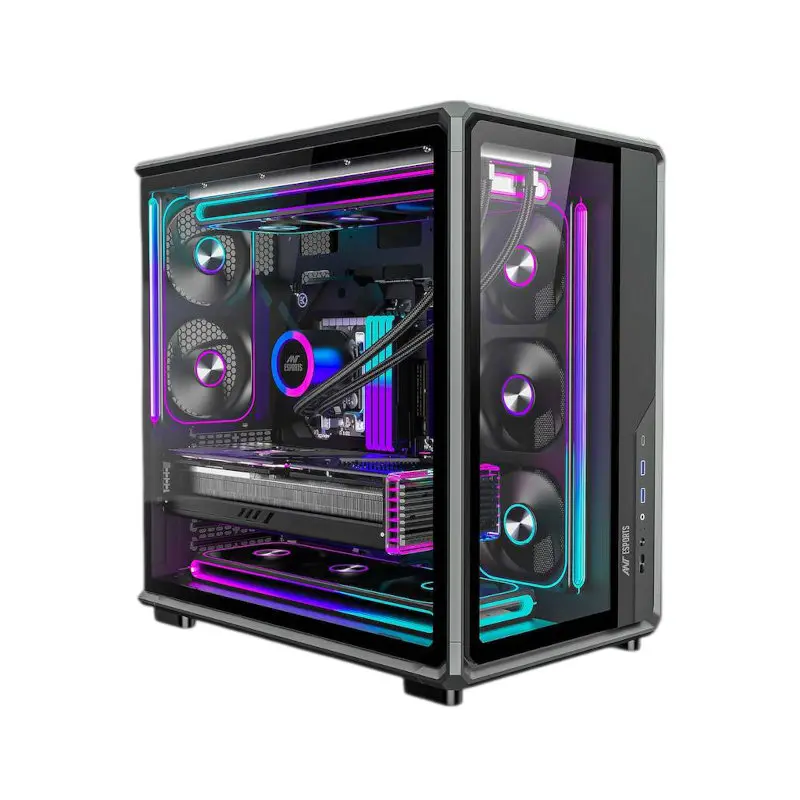 Gaming PC tower with glass side panel and RGB lighting, showing internal components in a dark room.