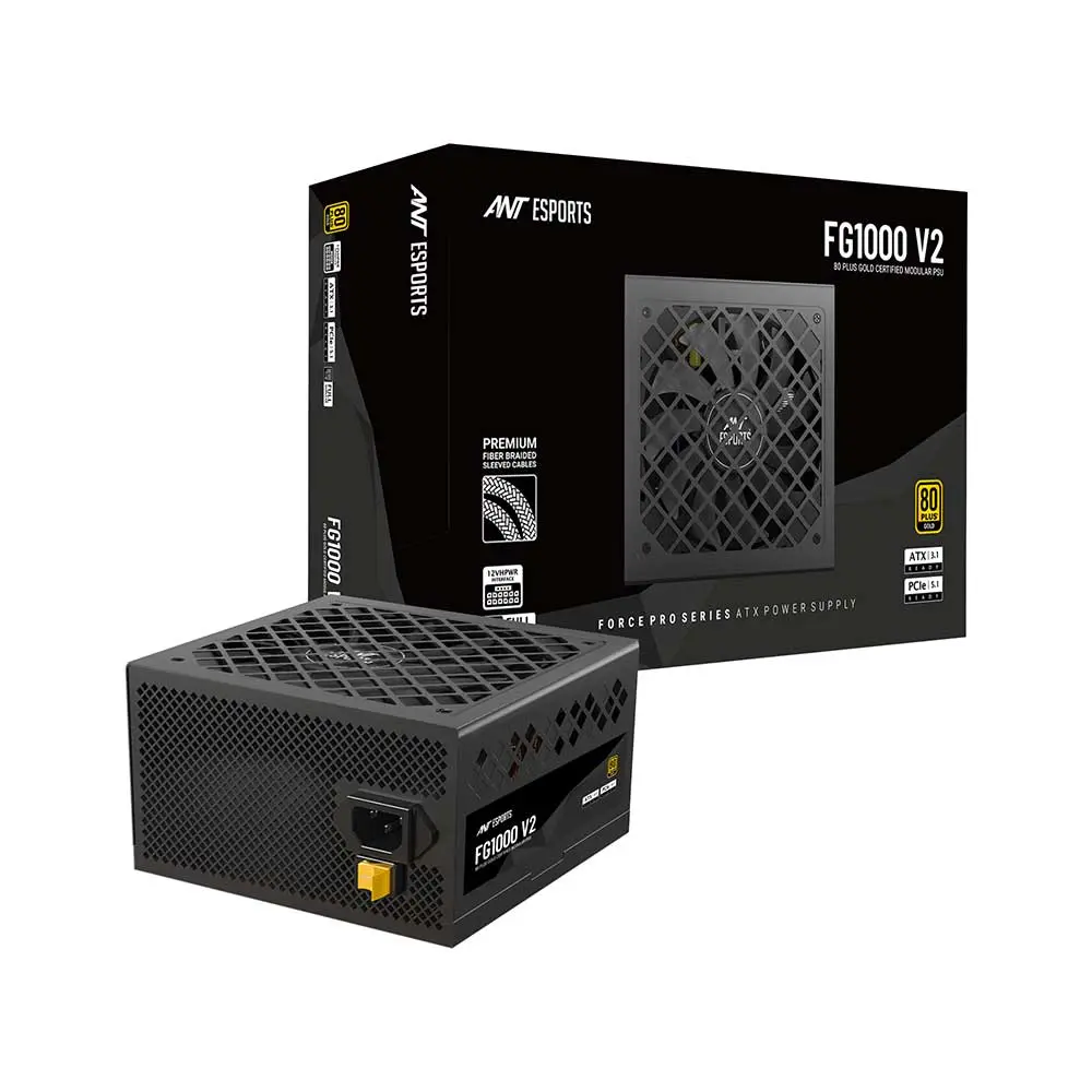 Black ATX power supply unit in front of its packaging box, featuring a yellow switch and vented grille; box shows FG1000 V2 and 80 Plus Gold logo.